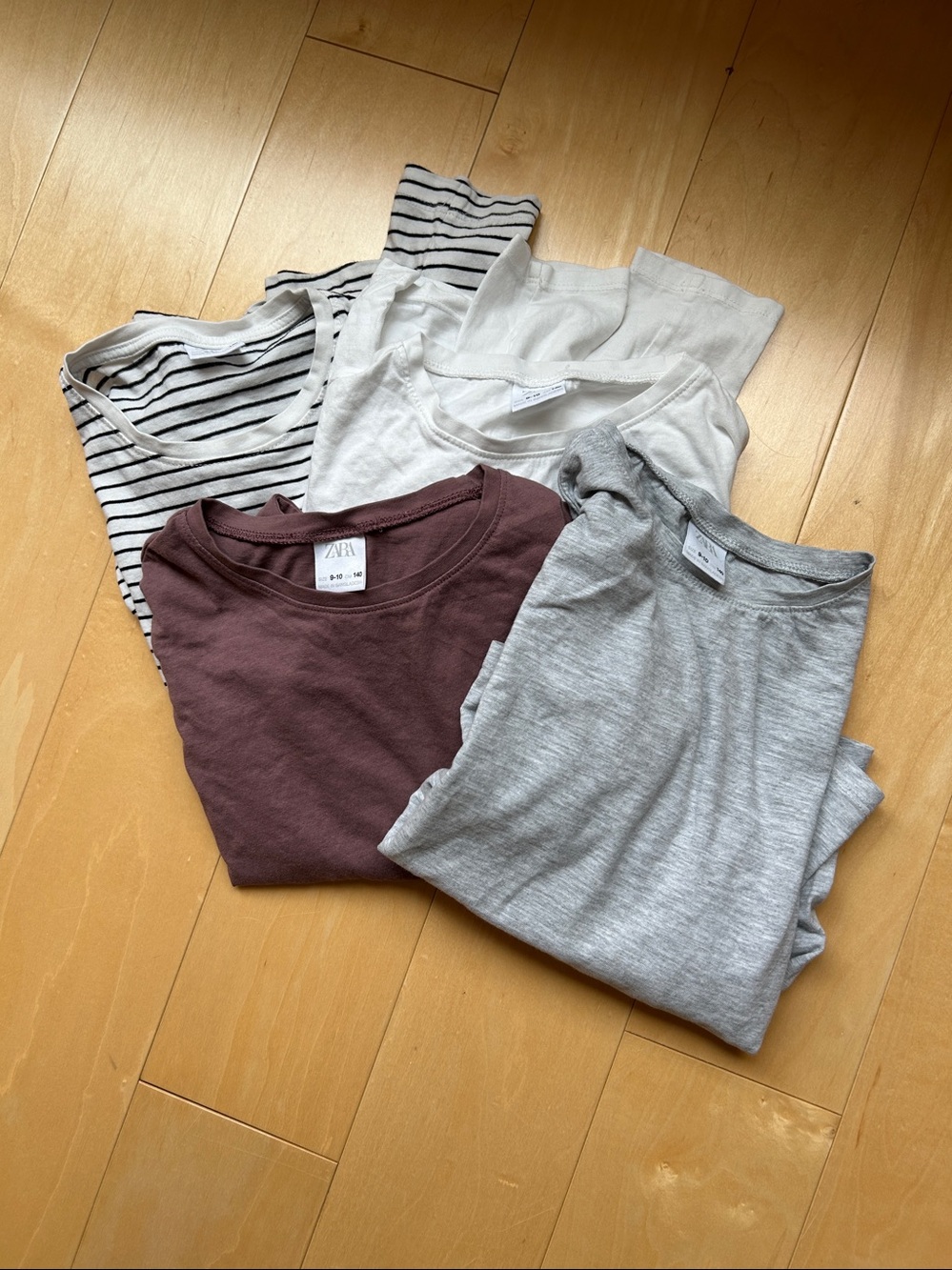 Four Zara Crew Neck Tees — stripes, white, mauve-Plum and Off-White